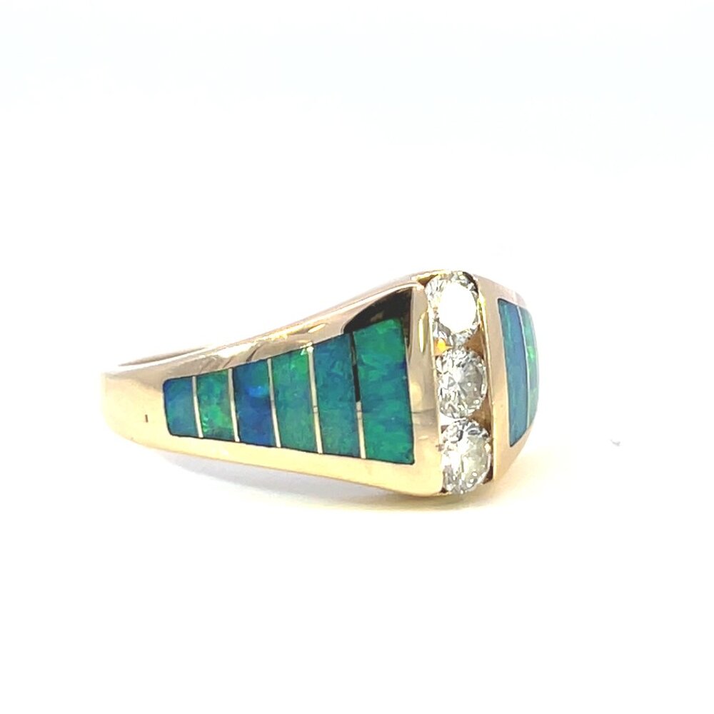 Kabana 14K Yellow Gold 3 Round Diamonds and Opal Inlay Ring Size 6.25